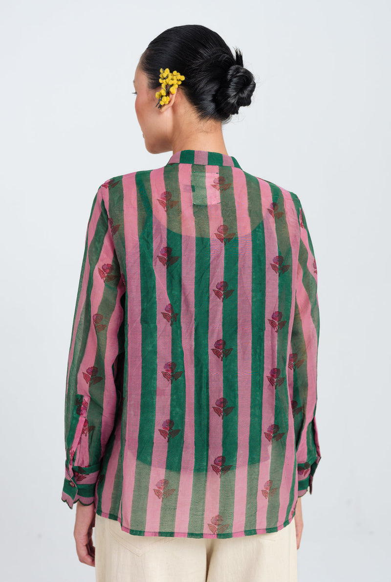Twirl Scallop Shirt mul chanderi top/shirt by JodiLife in pink, green for women in Singapore