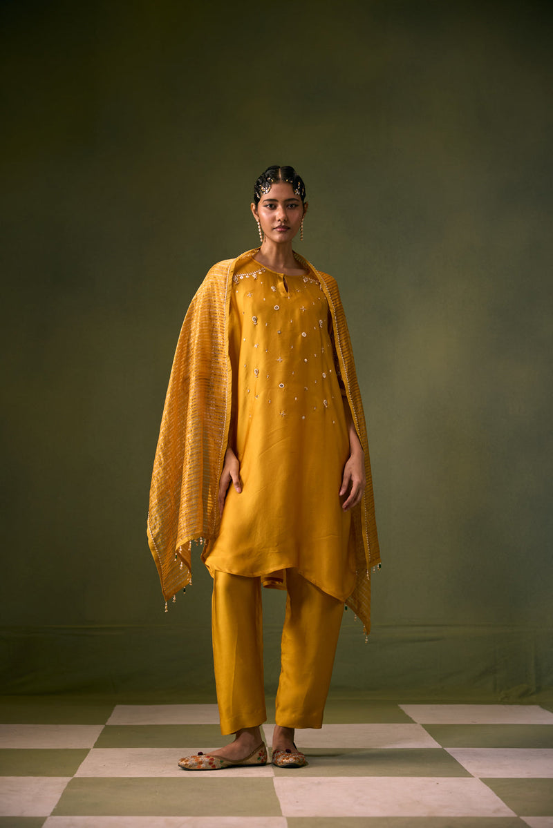 Acove Antifit Kurta Set vegan satin, organza satin kurta/kurta set by PRAHNAAYA in musturd yellow for women in Singapore