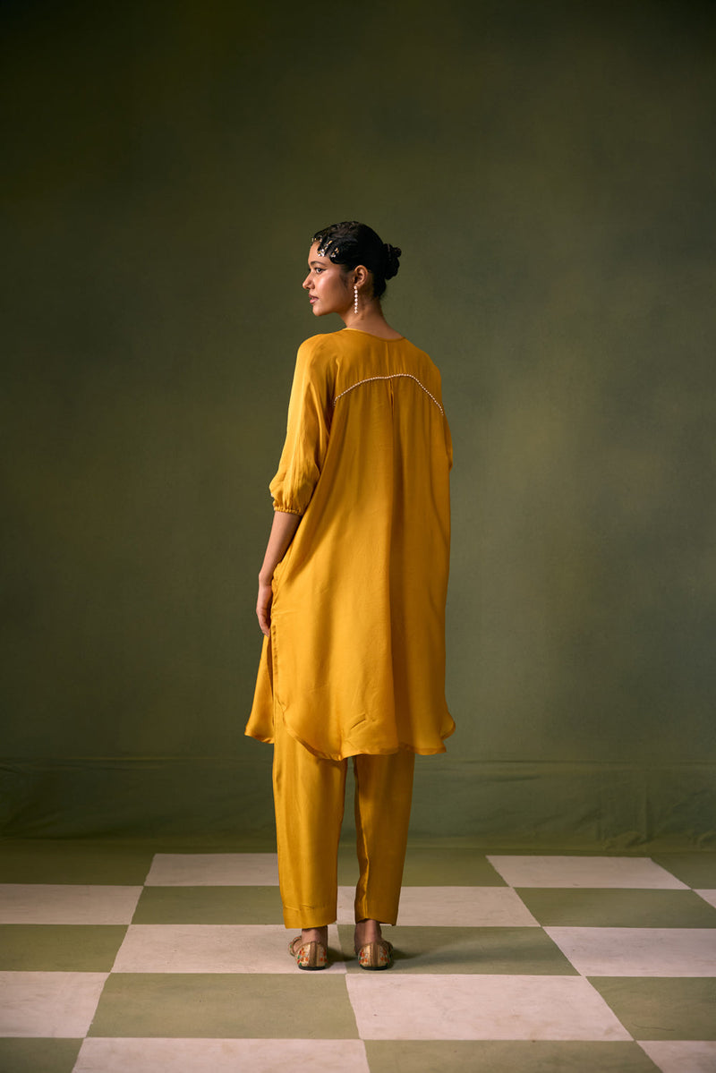 Acove Antifit Kurta Set vegan satin, organza satin kurta/kurta set by PRAHNAAYA in musturd yellow for women in Singapore