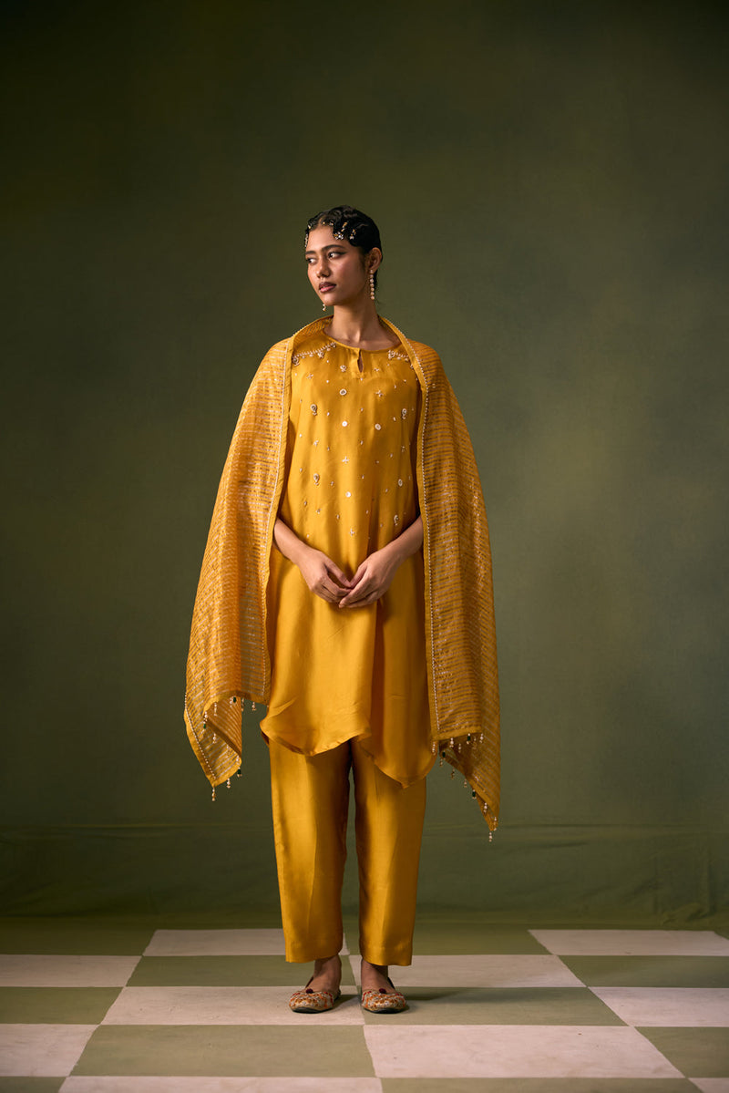 Acove Antifit Kurta Set vegan satin, organza satin kurta/kurta set by PRAHNAAYA in musturd yellow for women in Singapore