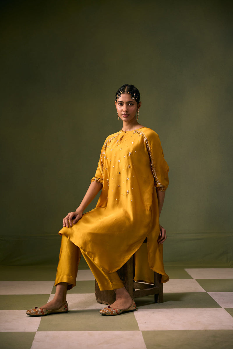 Acove Antifit Kurta Set vegan satin, organza satin kurta/kurta set by PRAHNAAYA in musturd yellow for women in Singapore