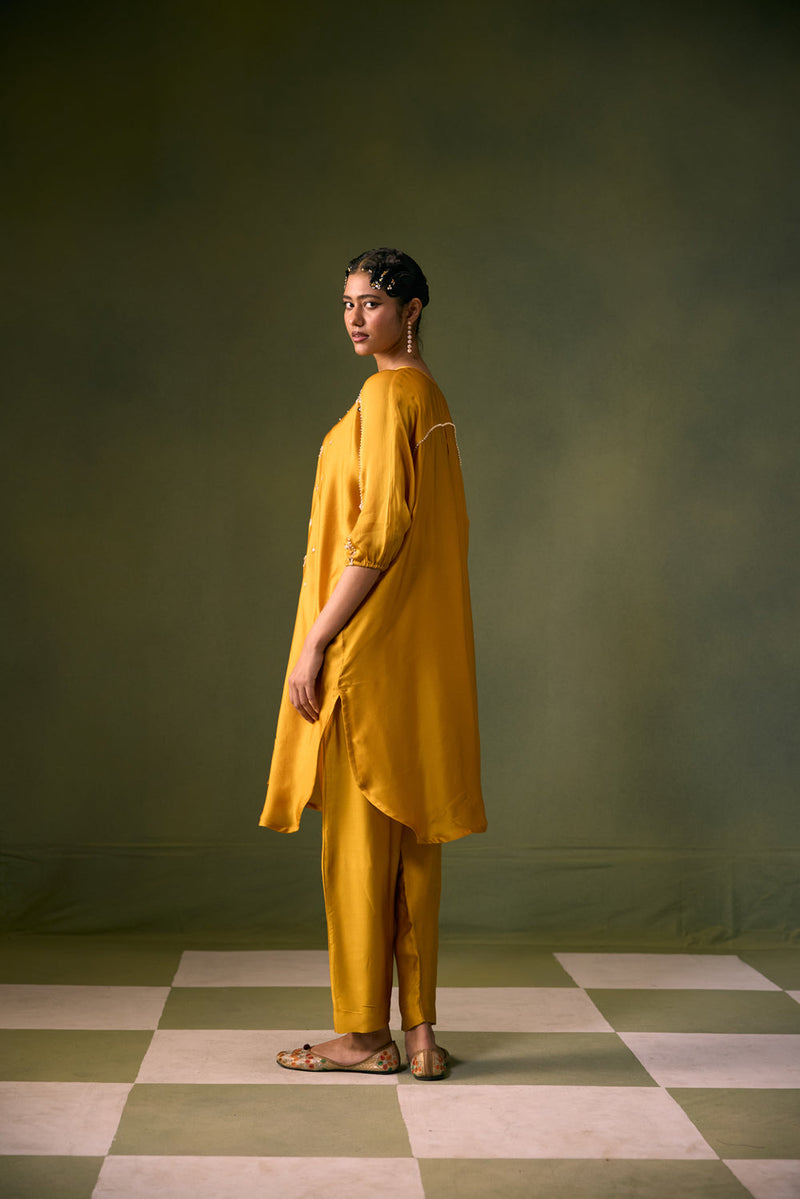 Acove Antifit Kurta Set vegan satin, organza satin kurta/kurta set by PRAHNAAYA in musturd yellow for women in Singapore