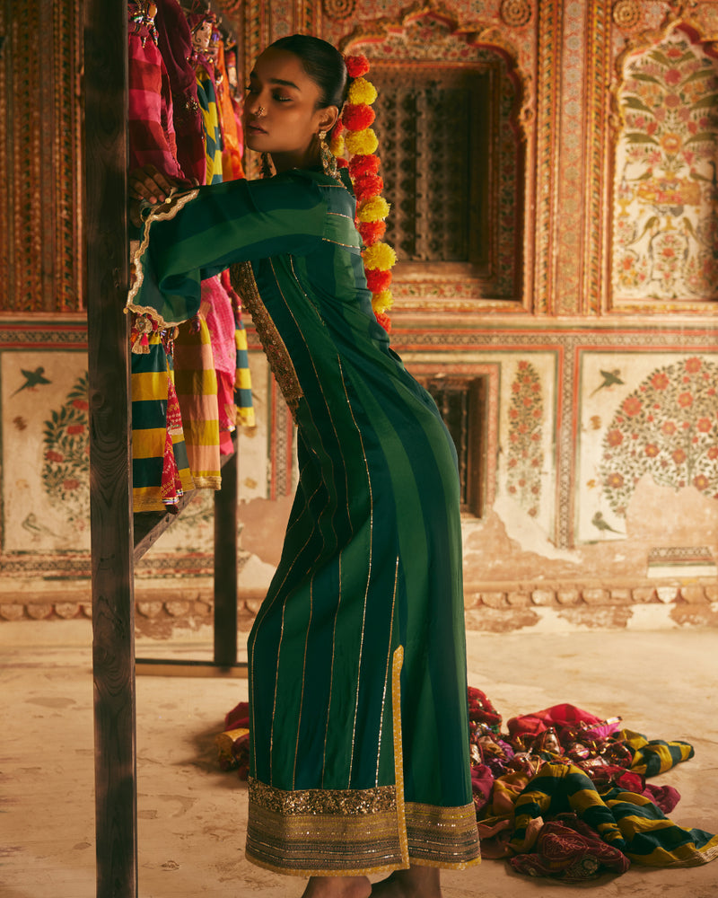 Khel Teal Green Stripe Kaftan Dress by Rajiramniq in green color for women in Singapore