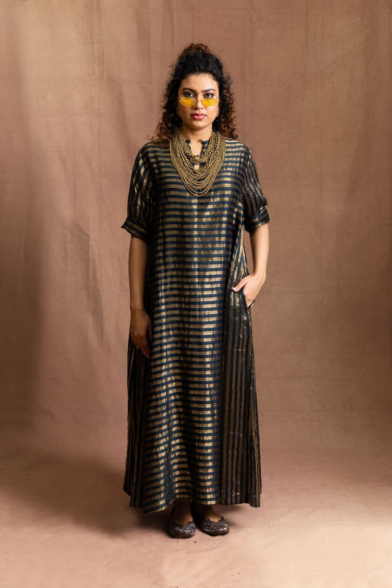 Chanderi Silk Maxi-Teal Blue/Gold Pure Silk Chanderi Indo-Western Sabo by Sabina — Canvas & Weaves Singapore