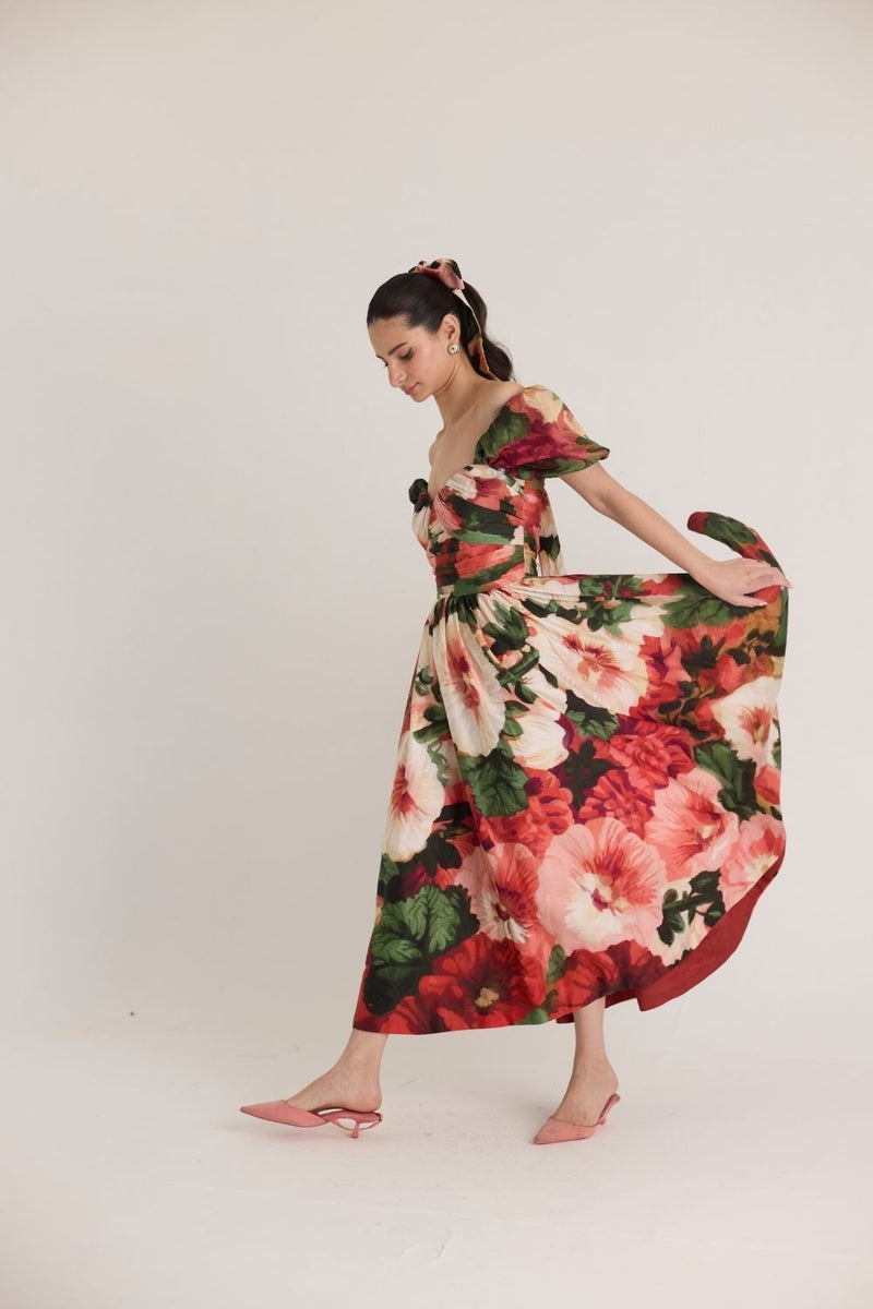 SCARLETT PUFF SLEEVE DRESS satin by Yam in multi color for women in Singapore