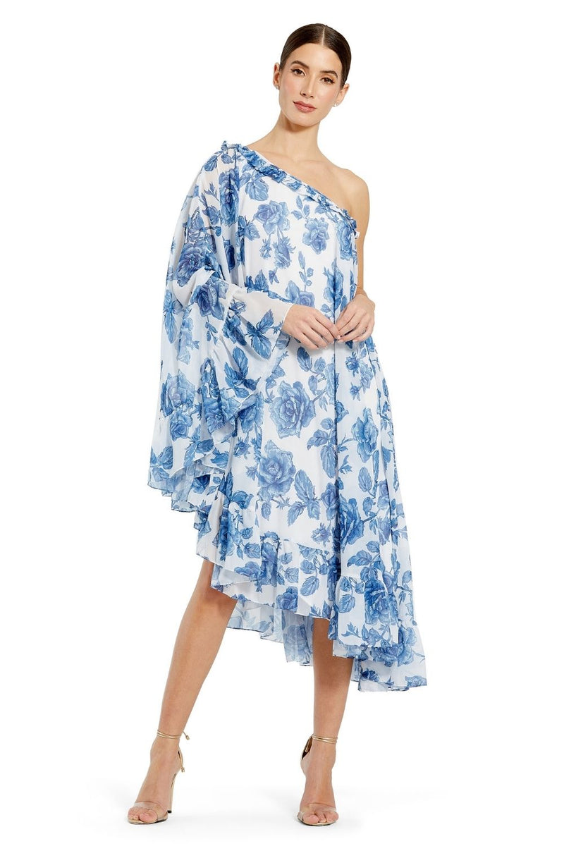 MD-55073 One Shoulder Printed Dress-Blue chiffon by Mac Duggal in blue color for women in Singapore