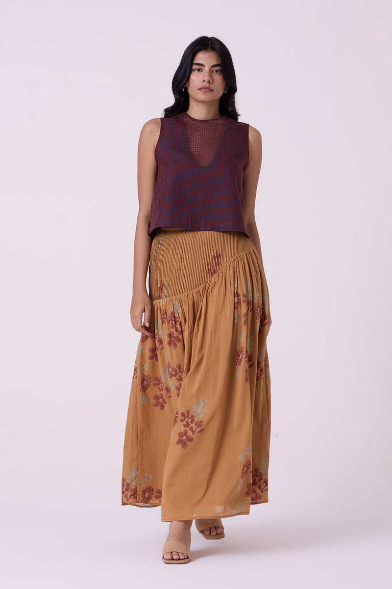 Kaika Floral Hand Printed Maxi Skirt hand block printed cotton mul skirt by The Summer House in brown for women in Singapore