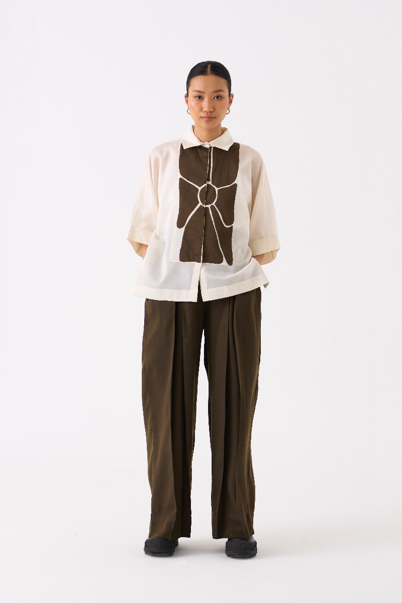 FLORAL APPLIQUE SHIRT-IVORY chanderi by THREE in ivory color for women in Singapore