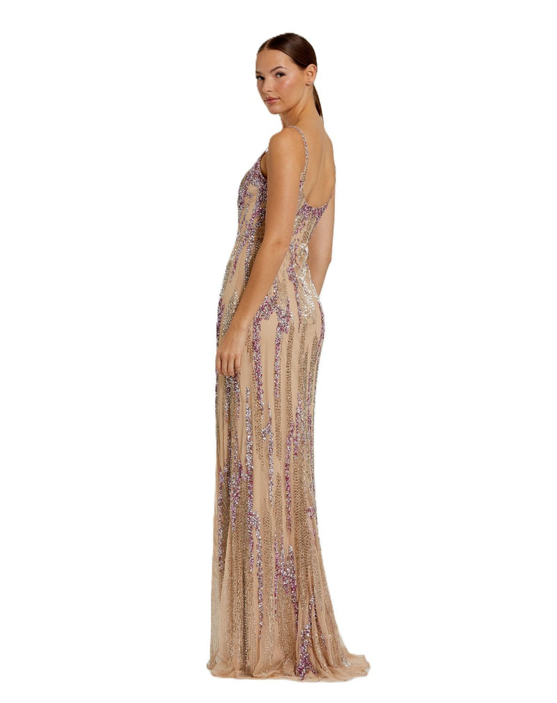 6150 - Beige Spaghetti Strap Beaded Column Gown by Mac Duggal in beige color for women in Singapore