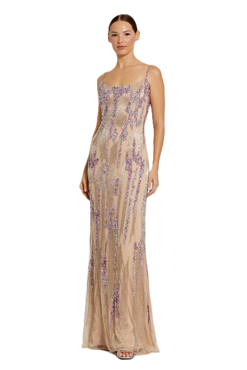 6150 - Beige Spaghetti Strap Beaded Column Gown by Mac Duggal in beige color for women in Singapore
