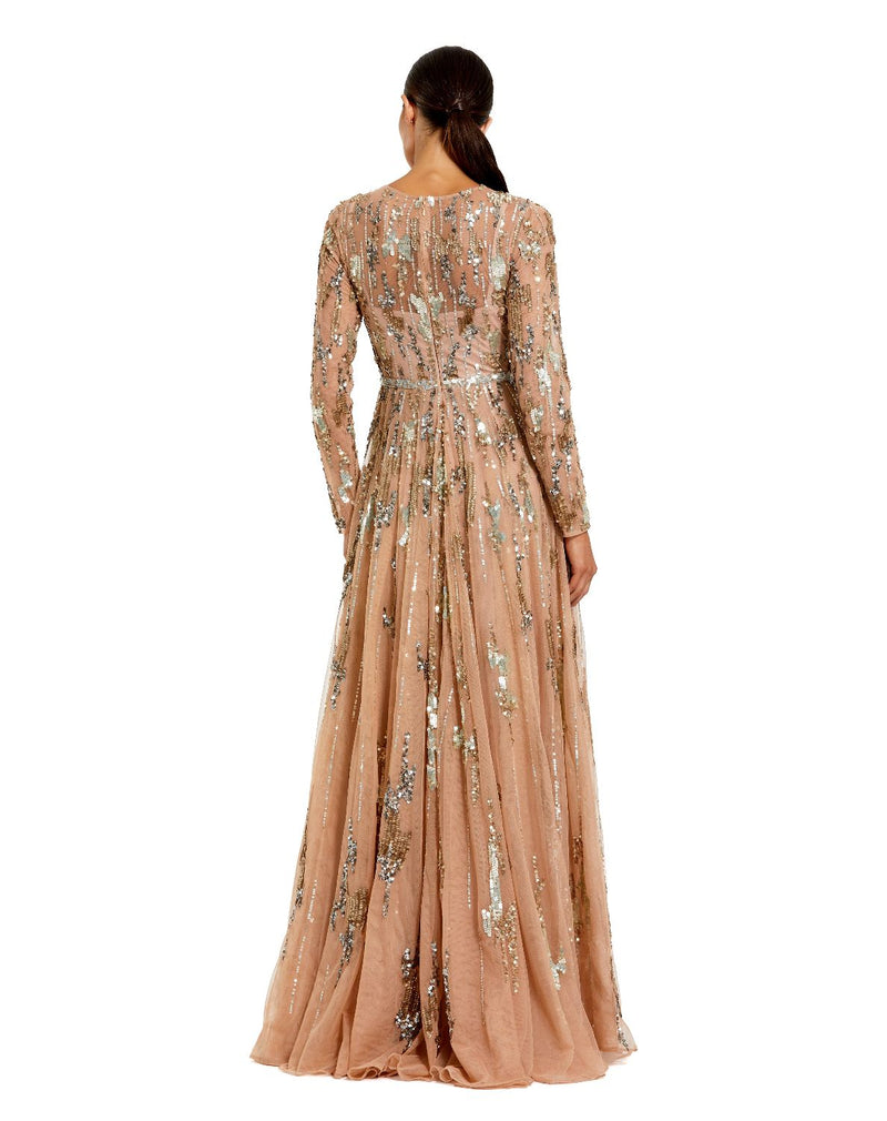 6181 - Beige Long Sleeve Sequin Embellished Gown by Mac Duggal in beige color for women in Singapore