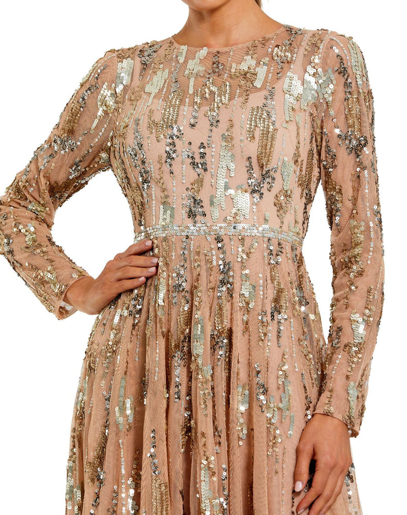 6181 - Beige Long Sleeve Sequin Embellished Gown by Mac Duggal in beige color for women in Singapore