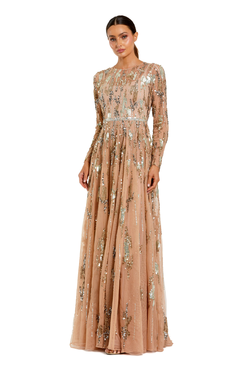 6181 - Beige Long Sleeve Sequin Embellished Gown by Mac Duggal in beige color for women in Singapore