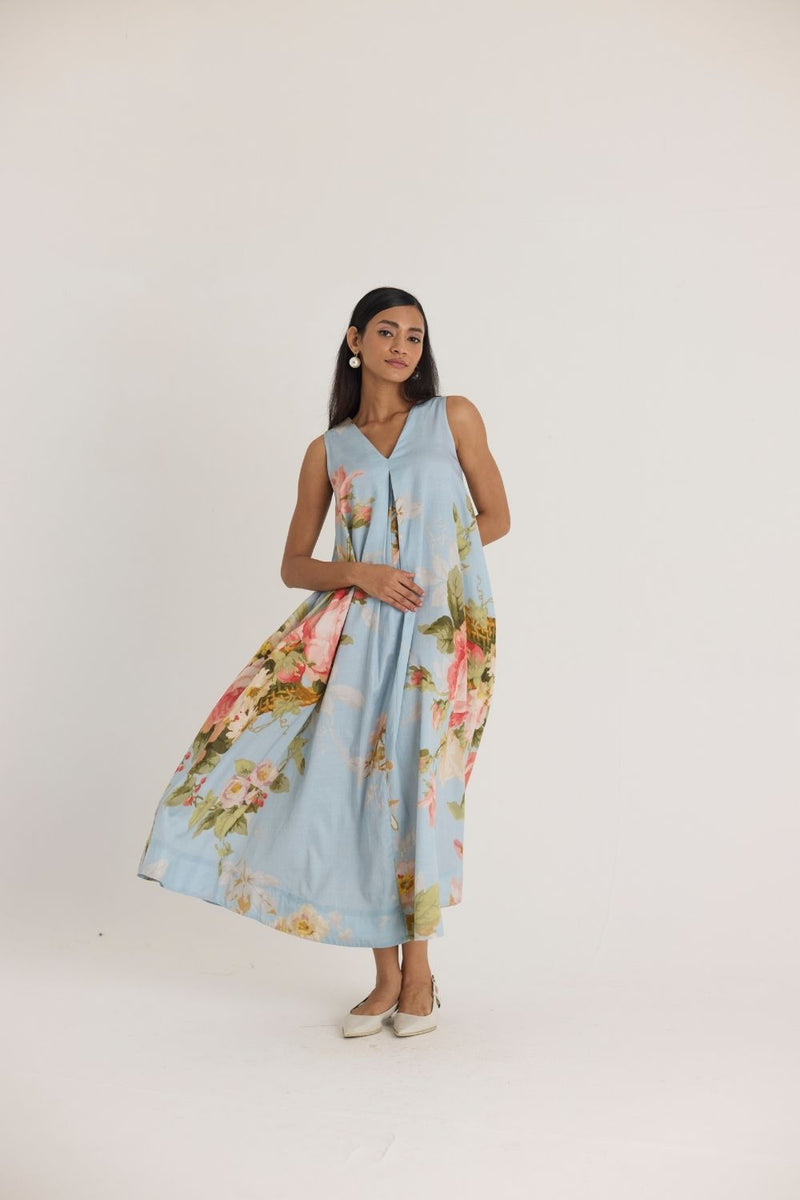 TAFFY V NECK DRESS satin by Yam in blue color for in Singapore