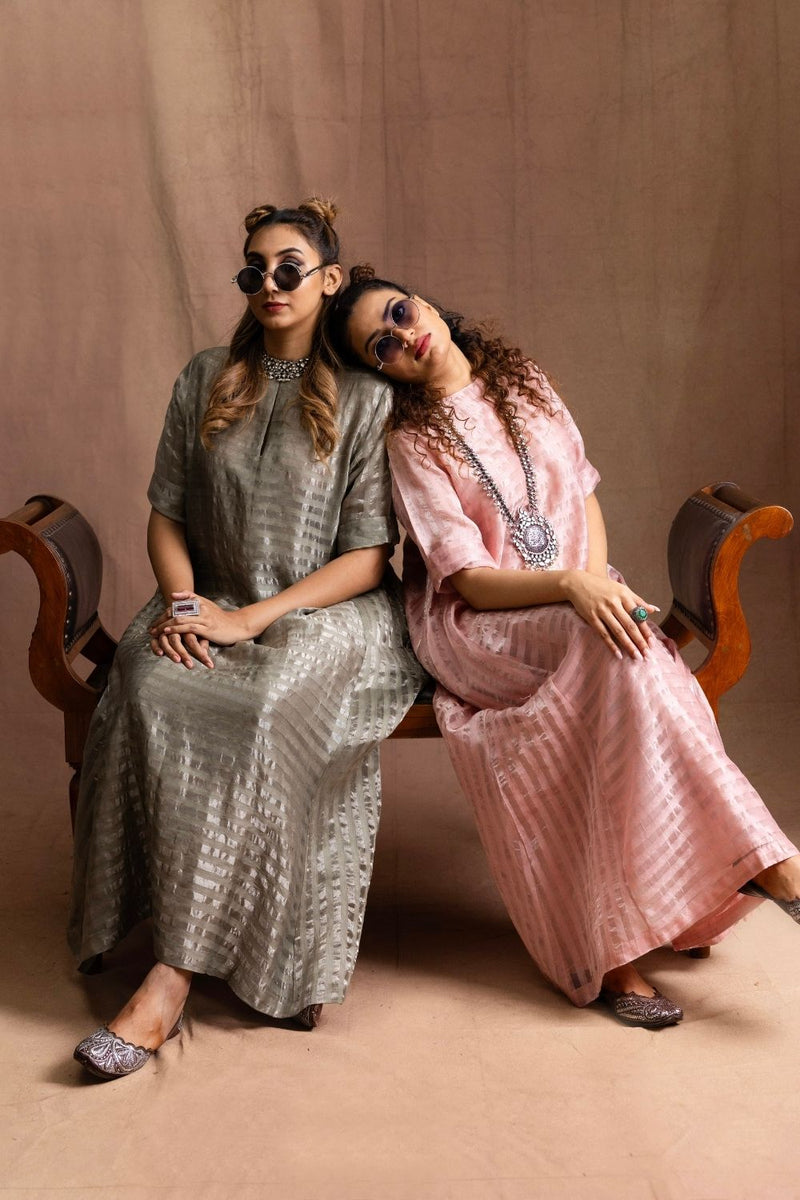 Chanderi Silk Maxi-Dusty Pink/Silver Pure Silk Chanderi Kurta Set Sabo by Sabina — Canvas & Weaves Singapore
