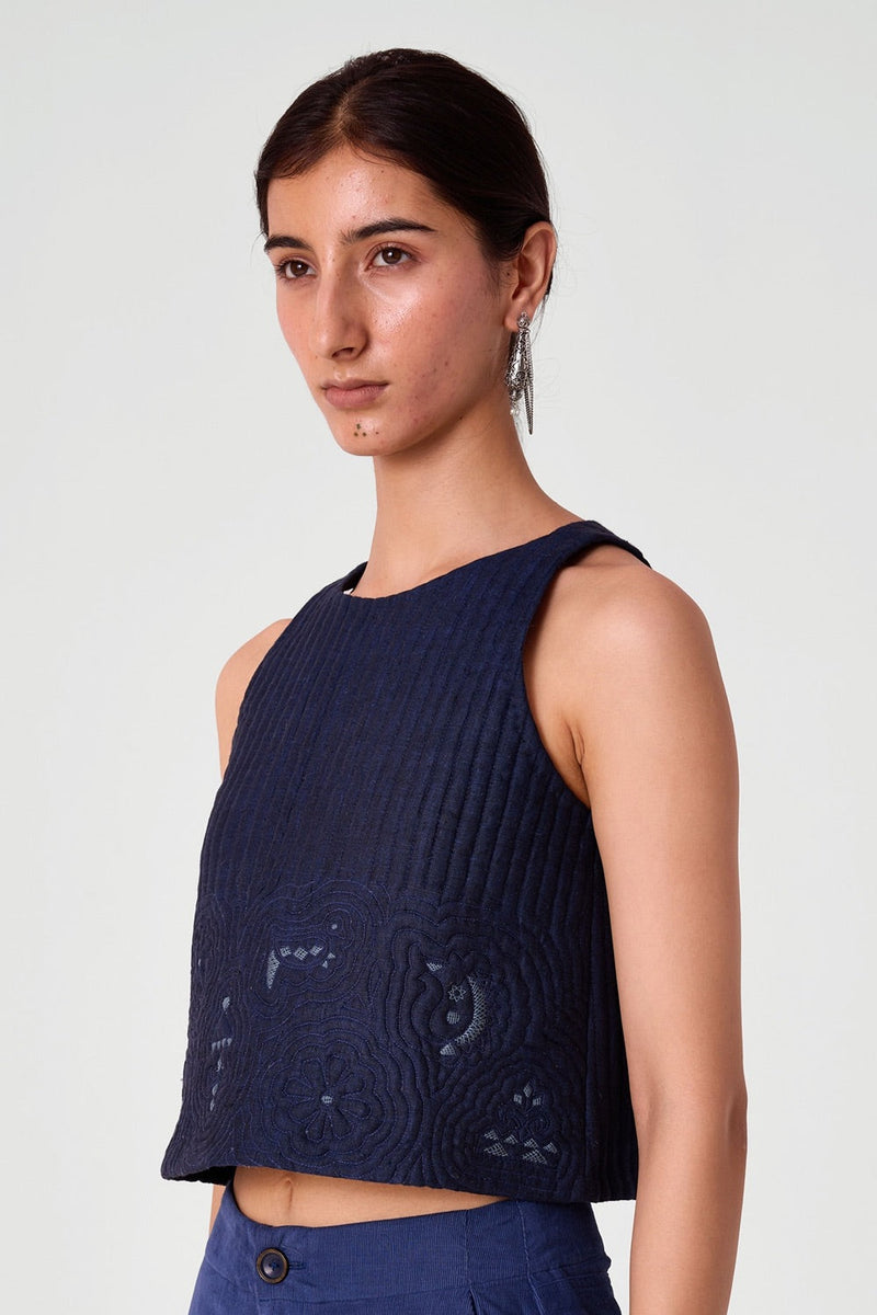 Toni Blue Quilted Linen Top