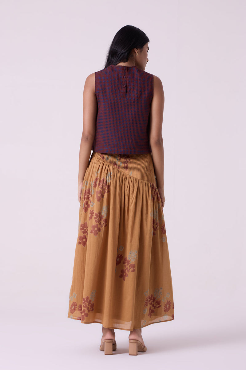 Kaika Floral Hand Printed Maxi Skirt hand block printed cotton mul skirt by The Summer House in brown for women in Singapore