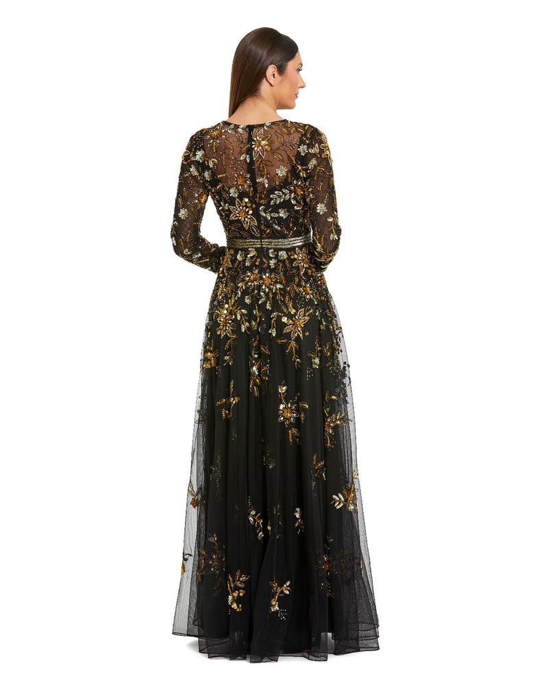 6200 - Black Hand Embellished Long Sleeve A Line Gown by Mac Duggal in black color for women in Singapore