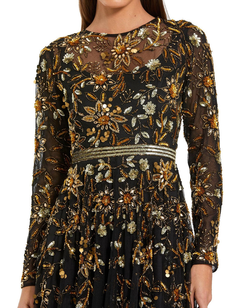 6200 - Black Hand Embellished Long Sleeve A Line Gown by Mac Duggal in black color for women in Singapore