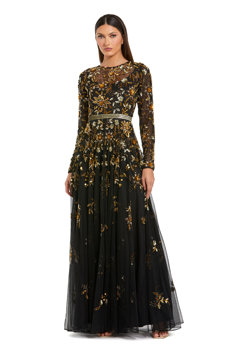 6200 - Black Hand Embellished Long Sleeve A Line Gown by Mac Duggal in black color for women in Singapore