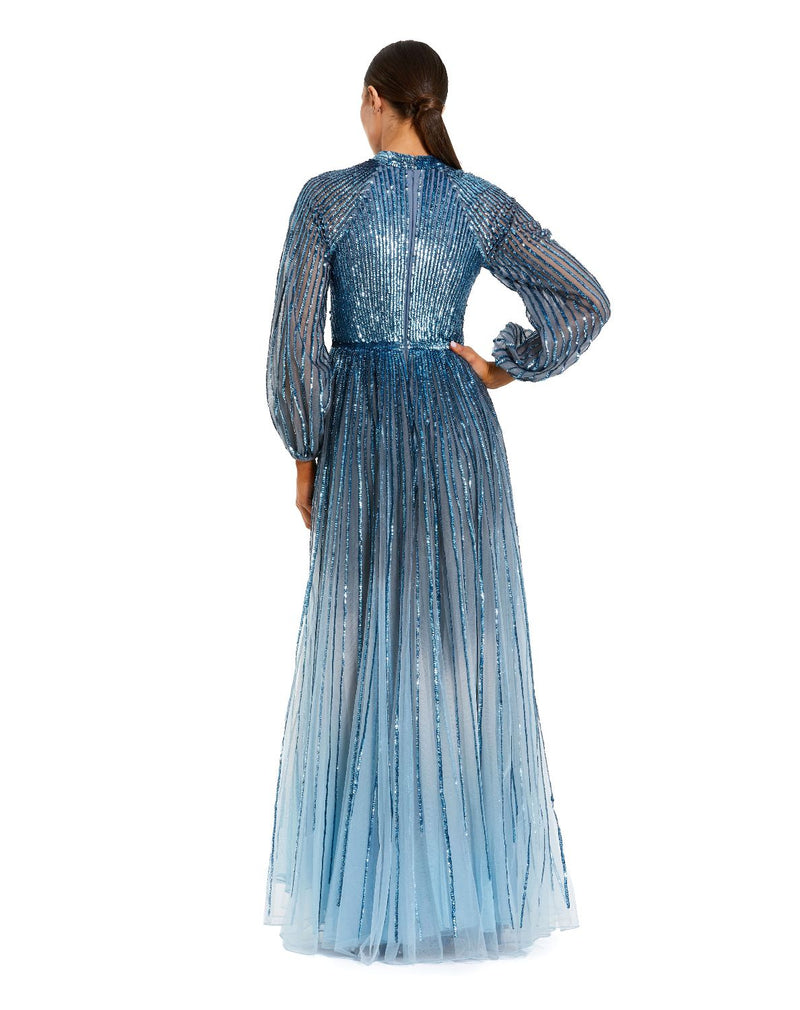 6206 - Blue Ombré Sequin Long Sleeve A-Line Evening Dress by Mac Duggal in blue color for women in Singapore