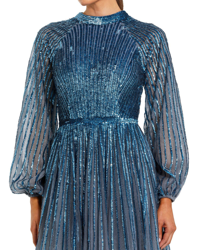 6206 - Blue Ombré Sequin Long Sleeve A-Line Evening Dress by Mac Duggal in blue color for women in Singapore