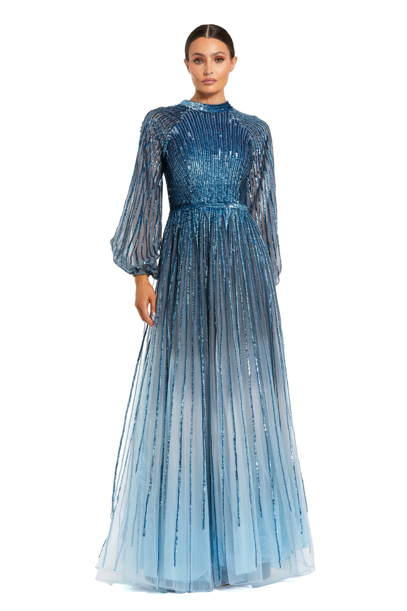 6206 - Blue Ombré Sequin Long Sleeve A-Line Evening Dress by Mac Duggal in blue color for women in Singapore