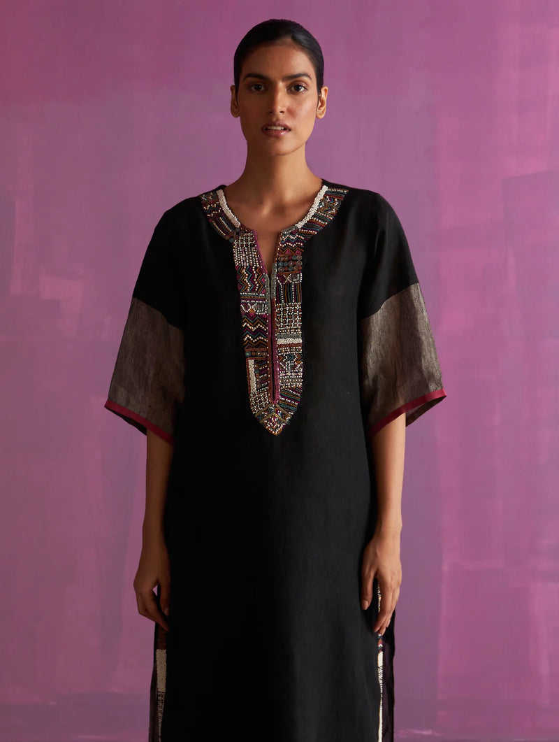 Mato Hand-Embroidered Kurta - Black linen by Manan in black color for women in Singapore