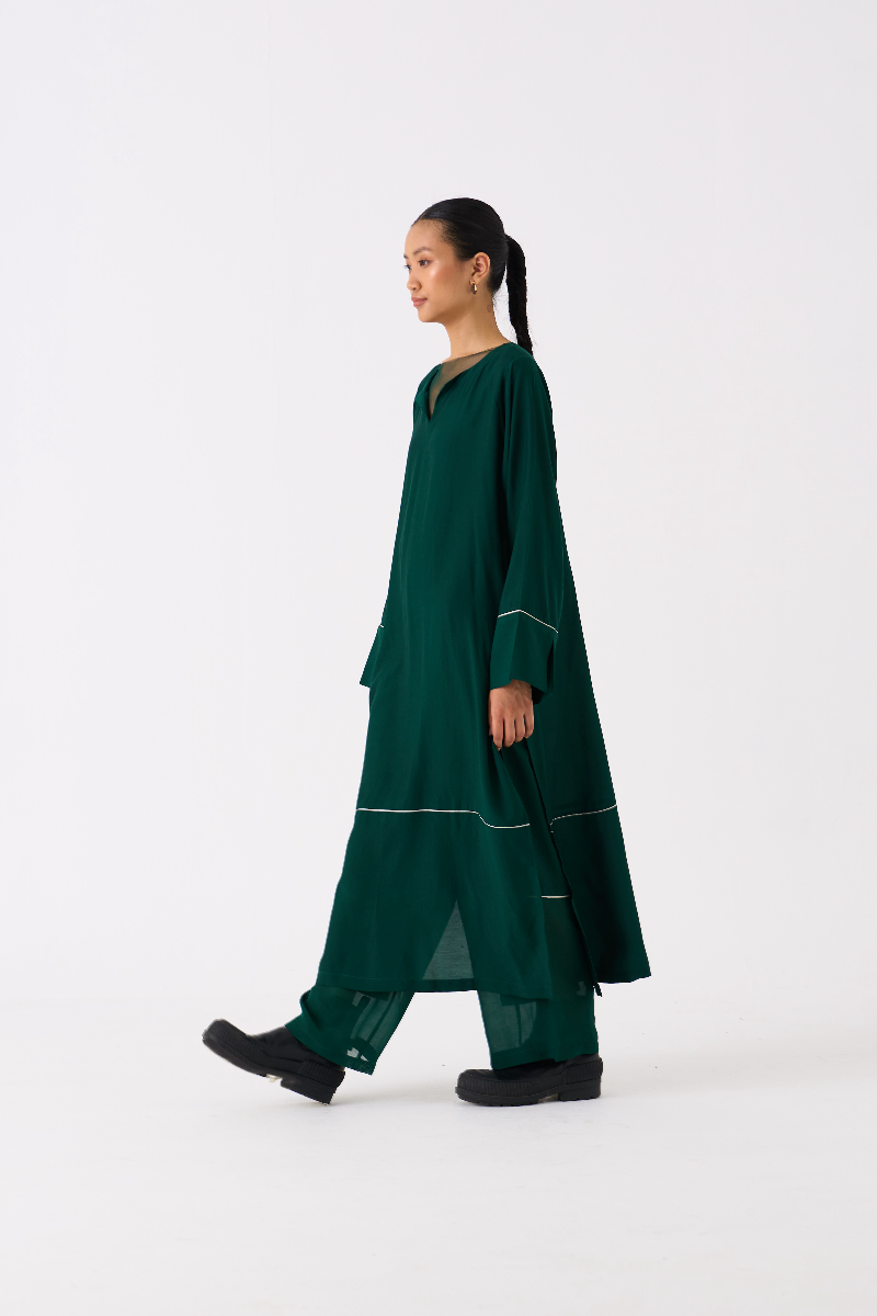 V-NECK KAFTAN- DARK GREEN bemberg by THREE in green color for women in Singapore