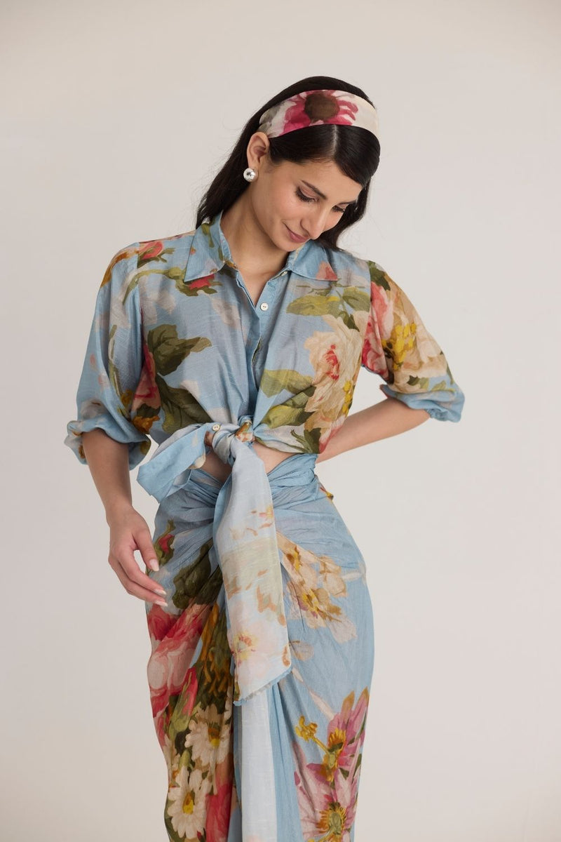 TAFFY TIE-UP TOP & SKIRT SET silk by Yam in blue color for women in Singapore