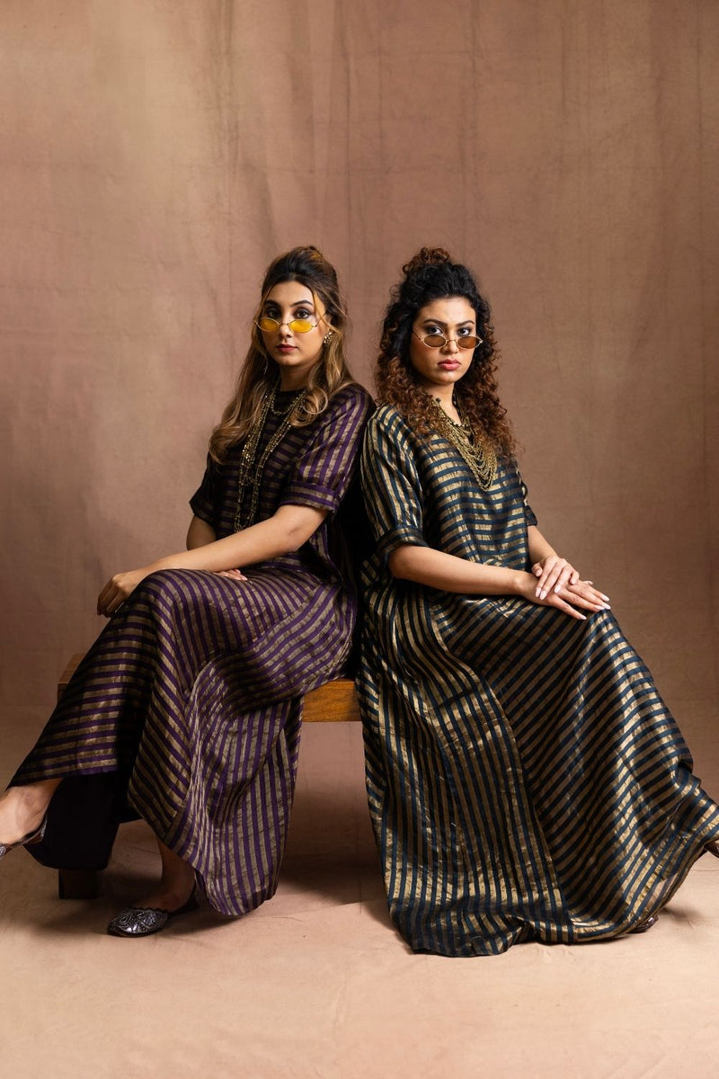Chanderi Silk Maxi-Teal Blue/Gold Pure Silk Chanderi Indo-Western Sabo by Sabina — Canvas & Weaves Singapore