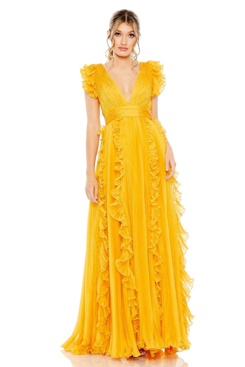 MD-49539 Frilled Long Dress-Yellow chiffon by Mac Duggal in yellow color for women in Singapore