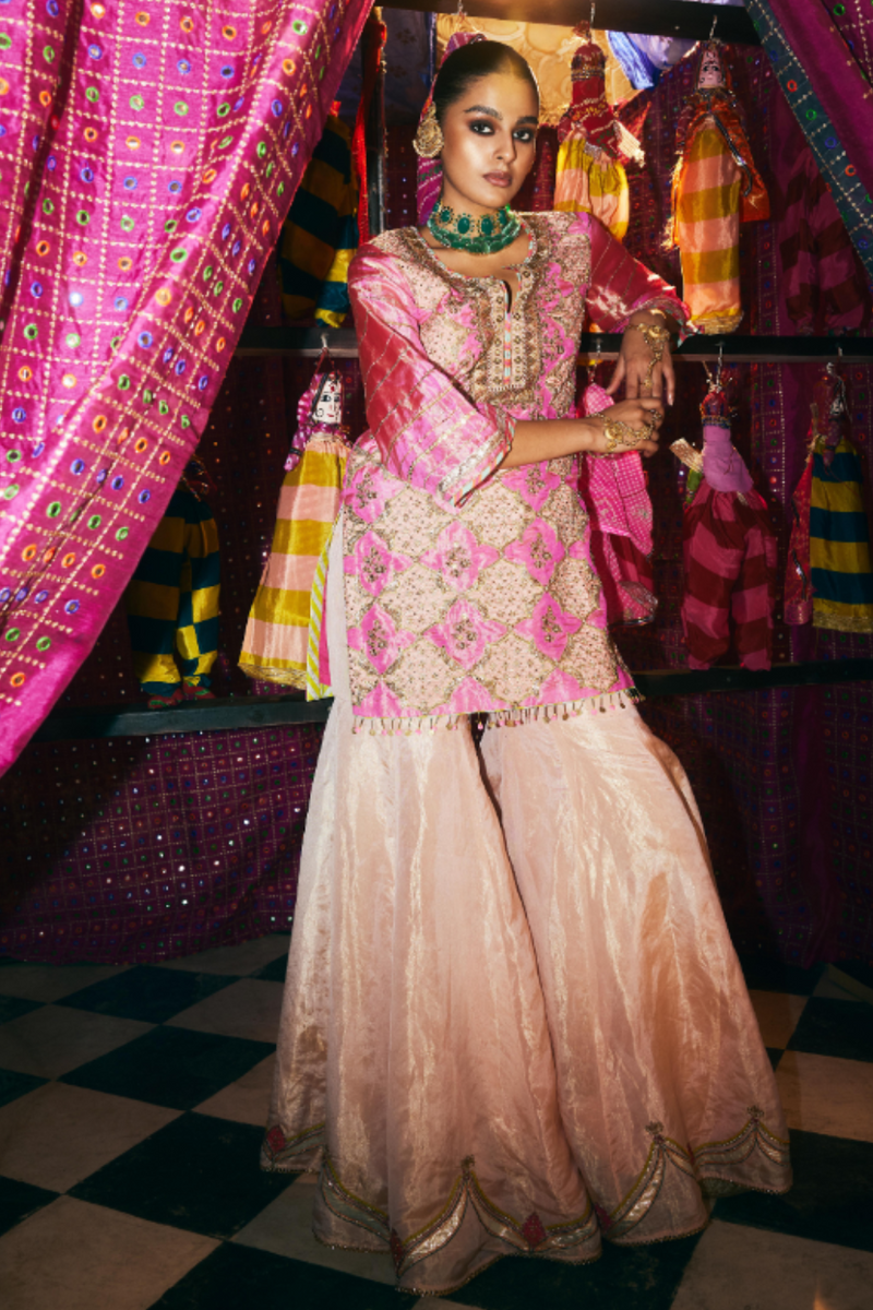 Khel Hot Pink Gharara Set silk by Rajiramniq in multi color for women in Singapore