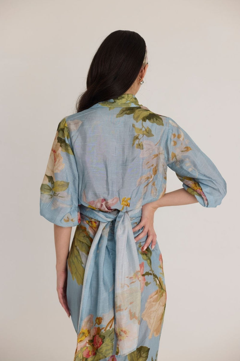 TAFFY TIE-UP TOP & SKIRT SET silk by Yam in blue color for women in Singapore