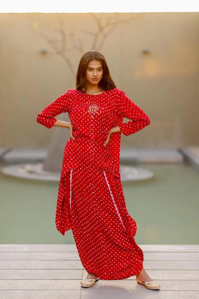 ASYMMETRICAL OVERLAP DHOTI SET-red silk by Dyelogue in red color for women in Singapore
