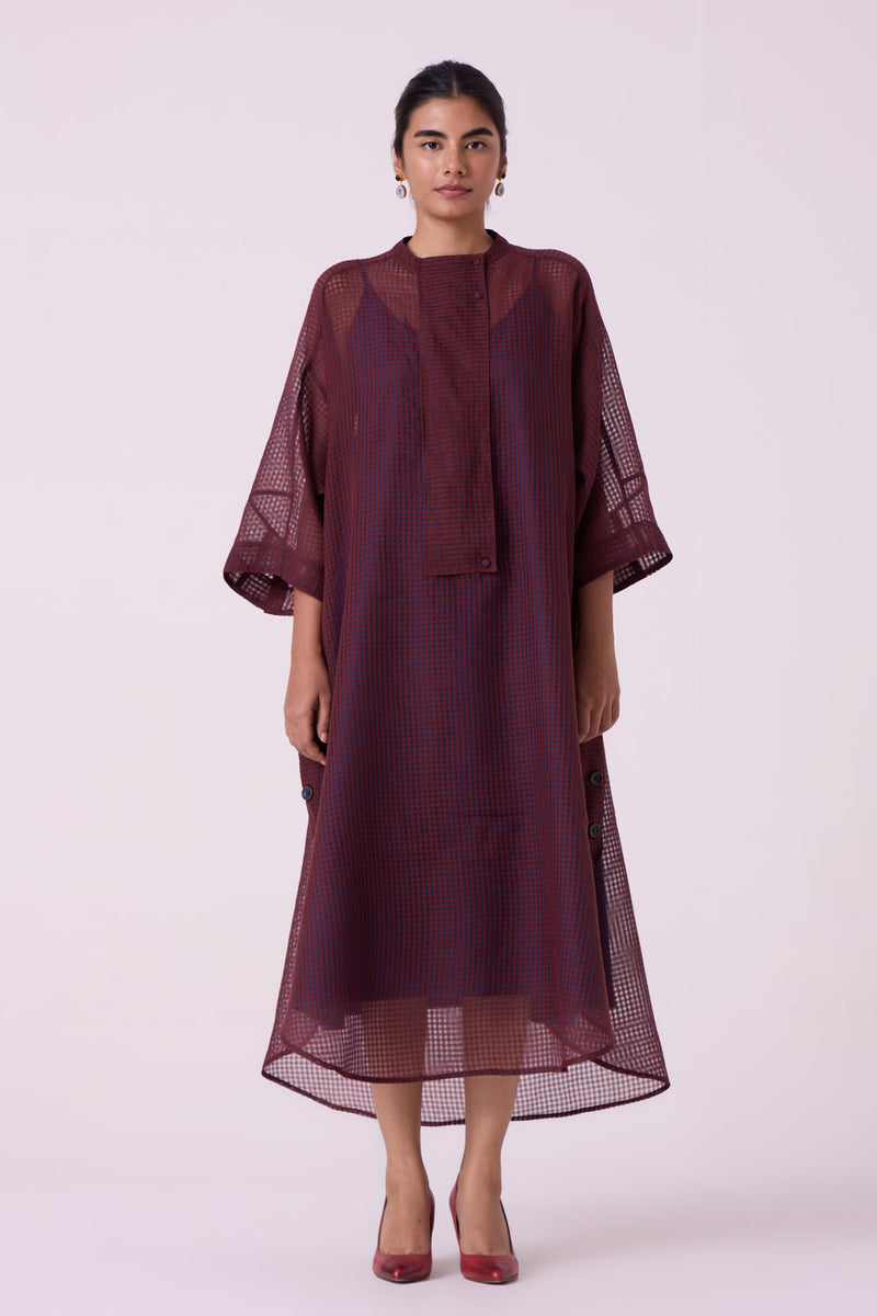 Fosco Blue Checkered HandwovenTunic handwoven silk cotton tunics/kaftan by The Summer House in blue for women in Singapore