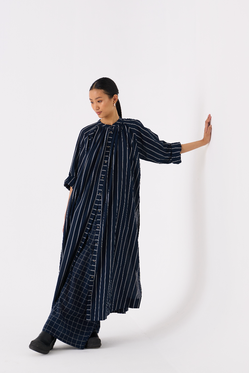 GATHER NECK SHIRT-BLACK STRIPE mul by THREE in black color for women in Singapore