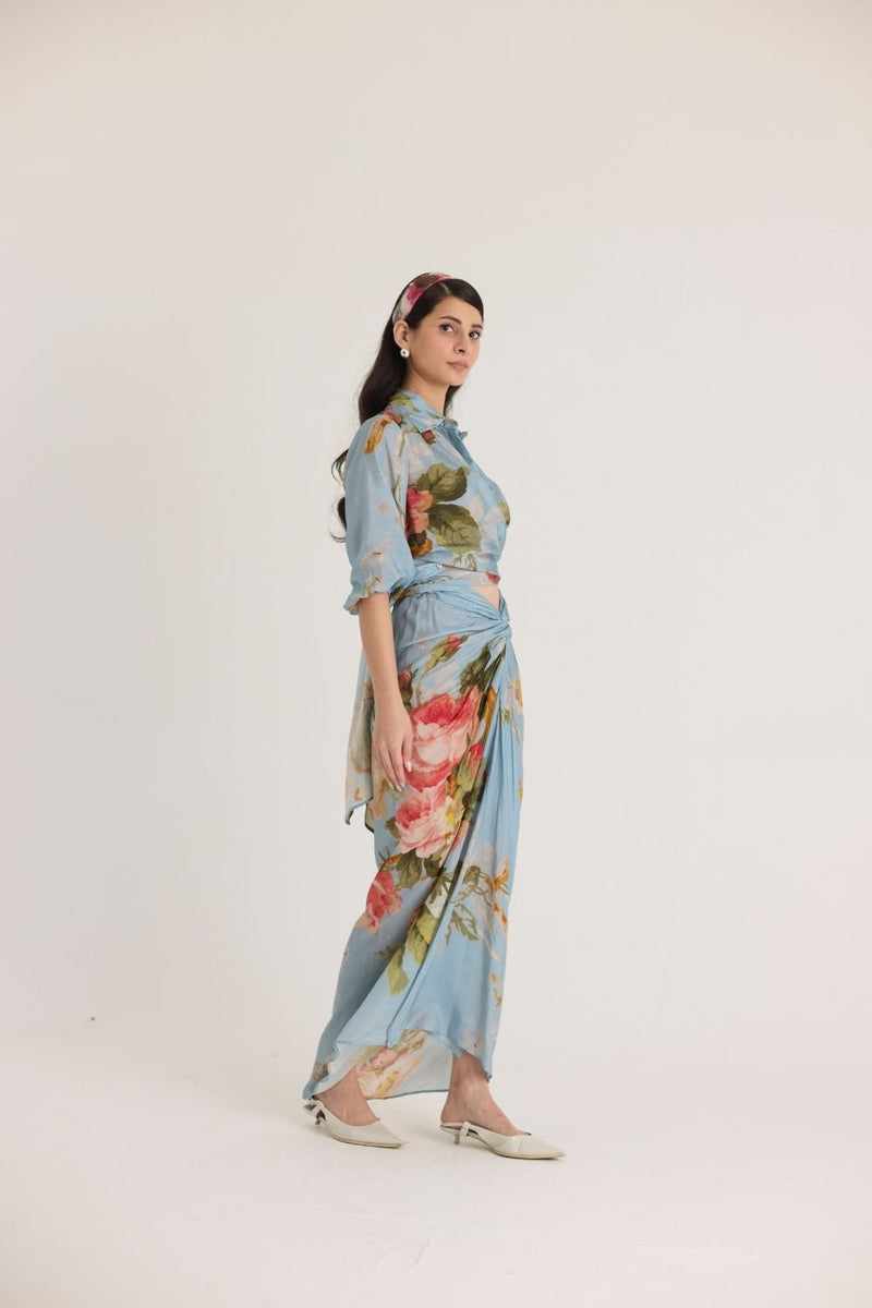 TAFFY TIE-UP TOP & SKIRT SET silk by Yam in blue color for women in Singapore