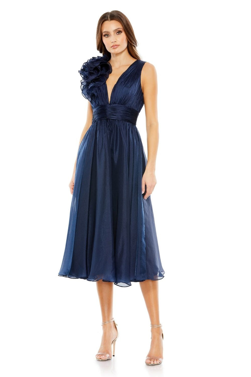 MD-49494 V Neck Midi Dress-Blue chiffon by Mac Duggal in blue color for women in Singapore