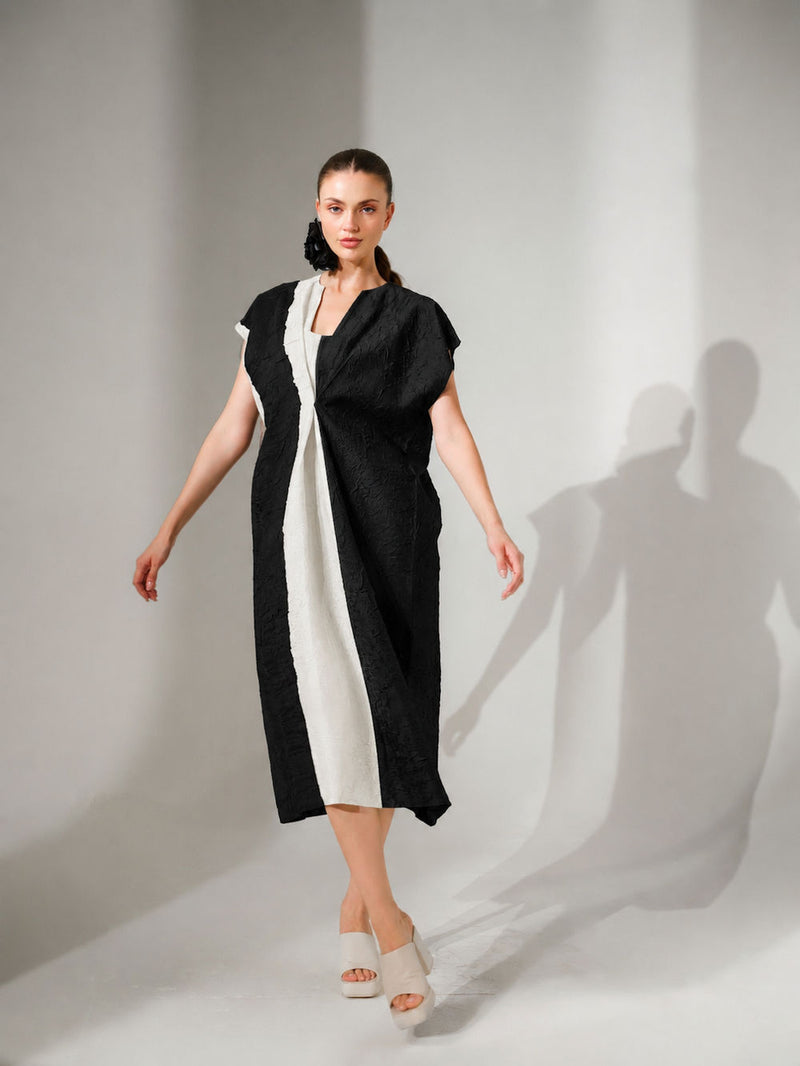 Ripple Dress-Black + Natural crushed silk dress by Stoique in black, natural for women in Singapore
