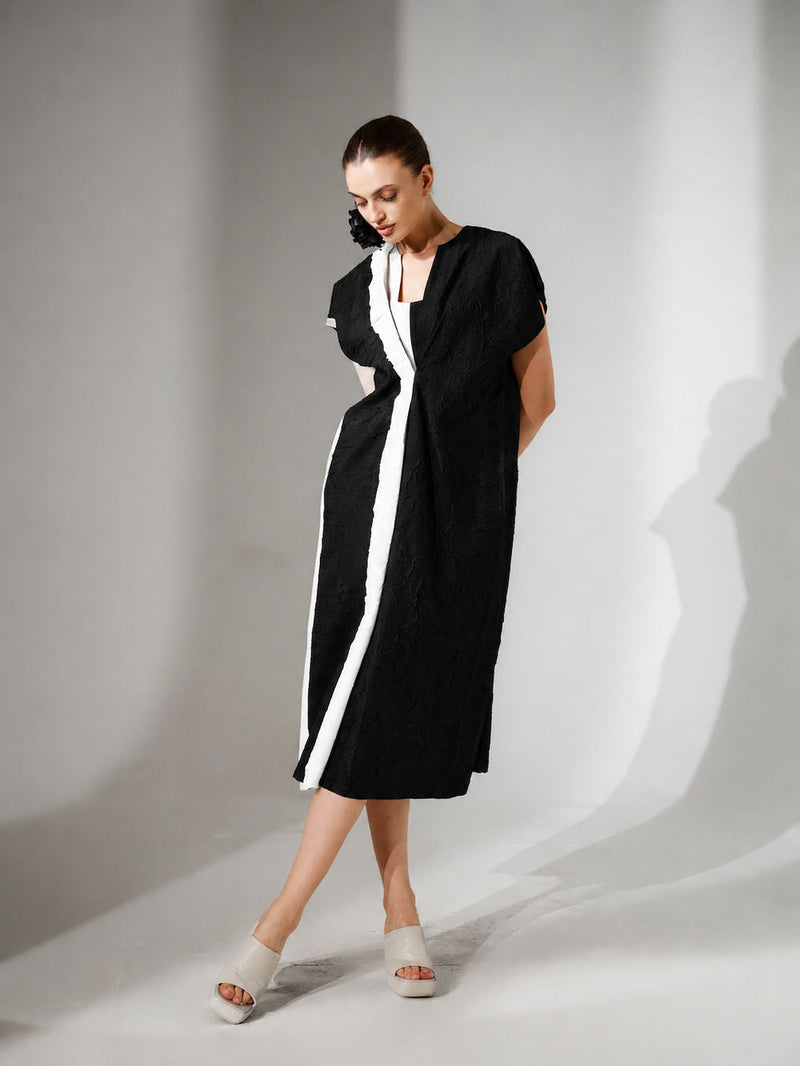 Ripple Dress-Black + Natural crushed silk dress by Stoique in black, natural for women in Singapore