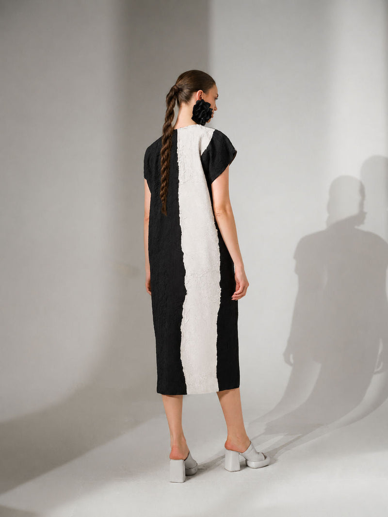 Ripple Dress-Black + Natural crushed silk dress by Stoique in black, natural for women in Singapore