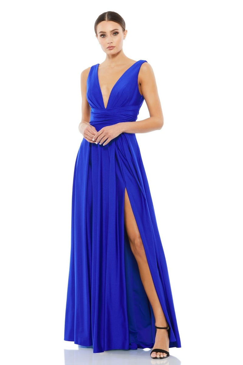 MD-26578 Flared High Slit Long Dress-Blue by Mac Duggal in blue color for women in Singapore