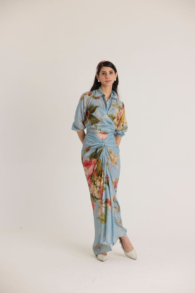 TAFFY TIE-UP TOP & SKIRT SET silk by Yam in blue color for women in Singapore