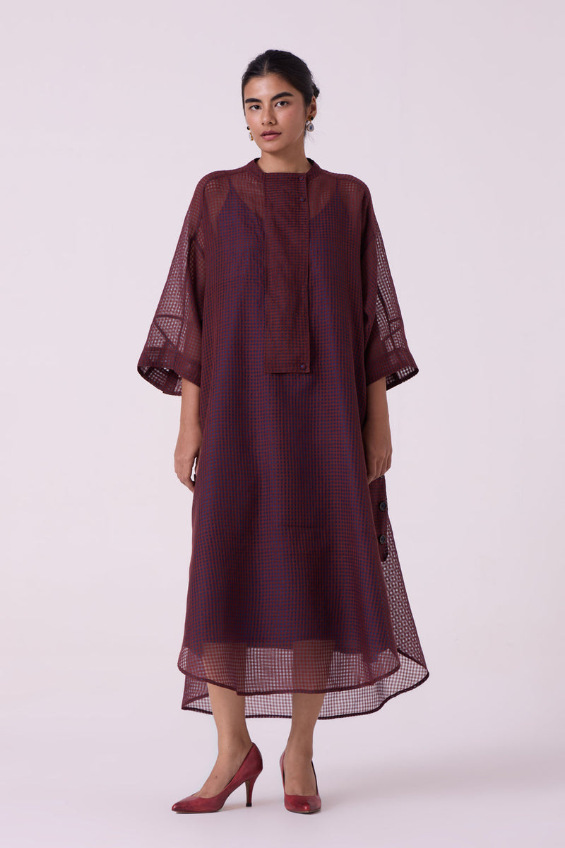 Fosco Blue Checkered HandwovenTunic handwoven silk cotton tunics/kaftan by The Summer House in blue for women in Singapore