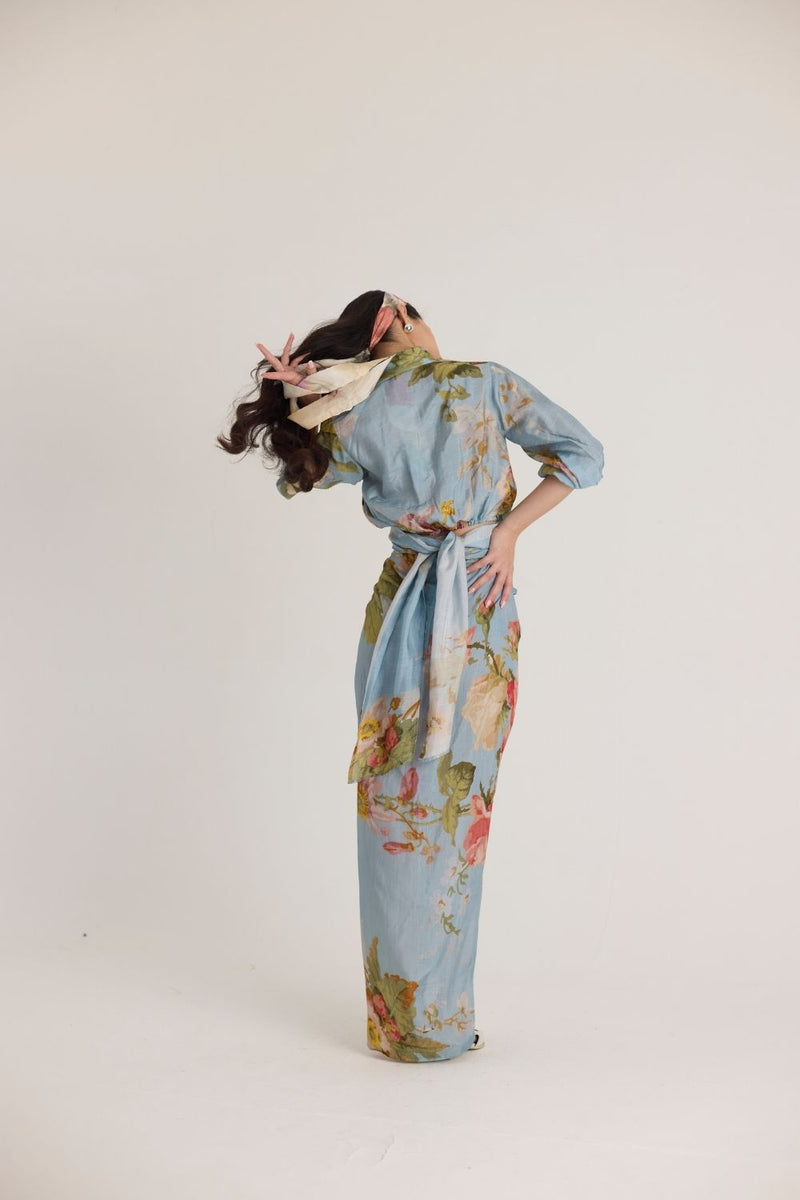 TAFFY TIE-UP TOP & SKIRT SET silk by Yam in blue color for women in Singapore