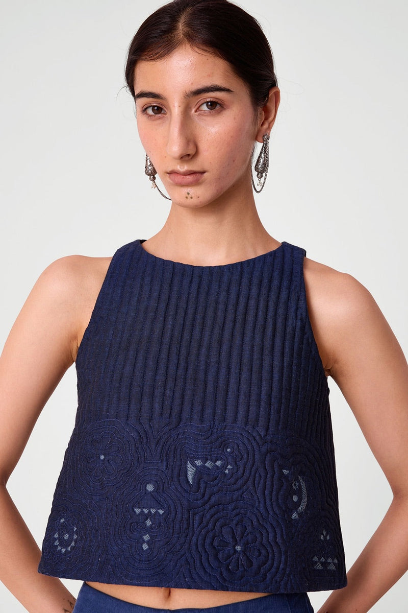 Toni Blue Quilted Linen Top