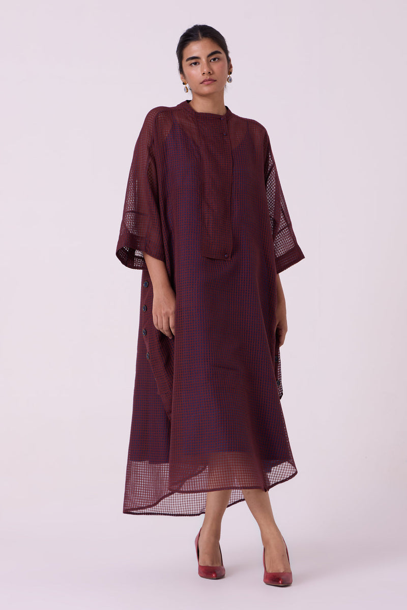 Fosco Blue Checkered HandwovenTunic handwoven silk cotton tunics/kaftan by The Summer House in blue for women in Singapore