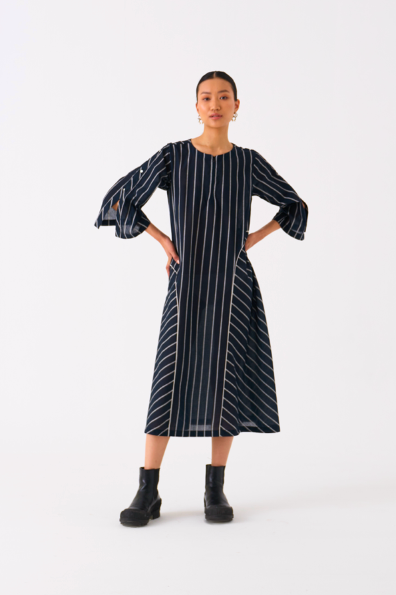 ALL STRIPE DRESS-BLACK STRIPE mul by THREE in black color for women in Singapore