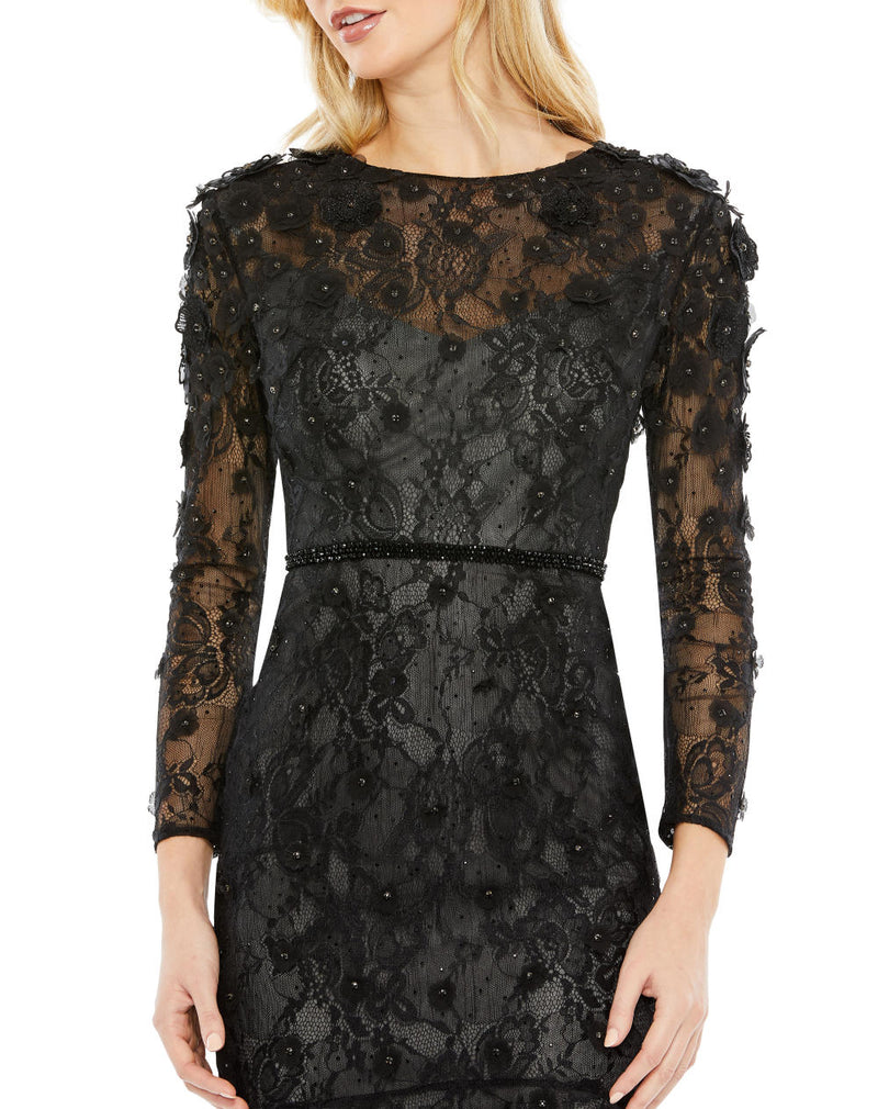 67703-Floral Appliqué Long Sleeve Cocktail Dress by Mac Duggal in black color for women in Singapore